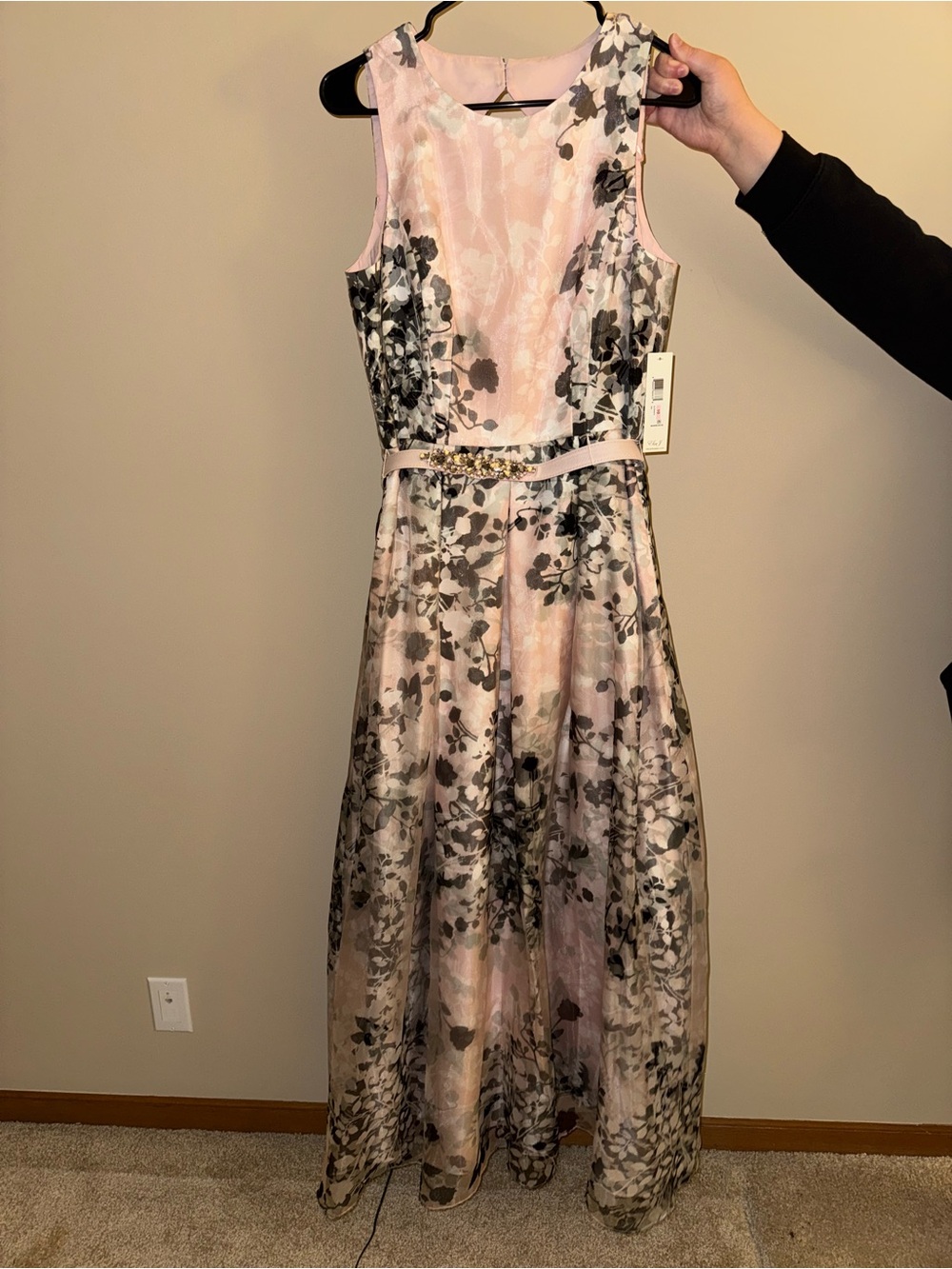 Eliza J Blush Pink and Black Floral A-Line Evening Dress